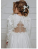 Long Sleeves Beaded Ivory Lace Satin Chic Flower Girl Dress Long Sleeves Beaded Ivory Lace Satin Chic Flower Girl Dress